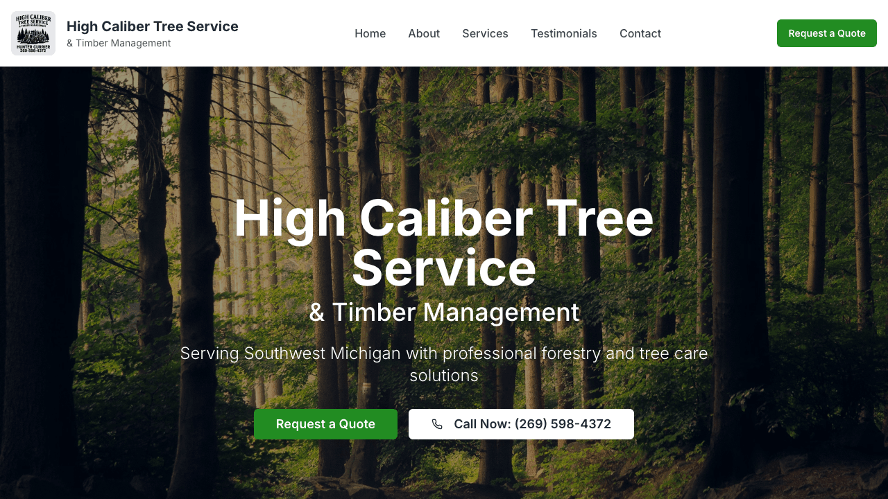 High Caliber Tree Service homepage screenshot